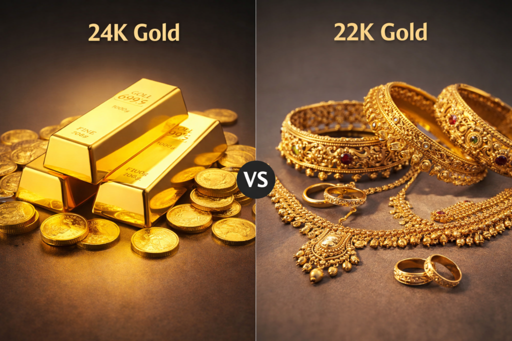 24K vs 22K gold comparison showing pure gold bars and coins versus traditional gold jewellery