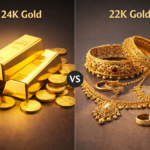 24K vs 22K gold comparison showing pure gold bars and coins versus traditional gold jewellery