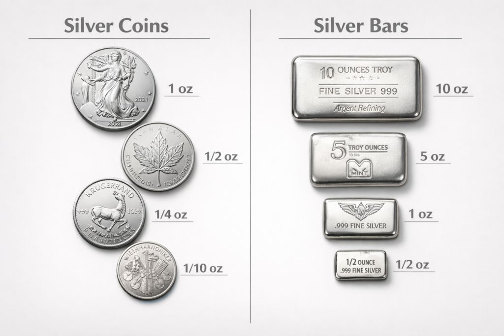 Physical silver investment options including silver coins and silver bars