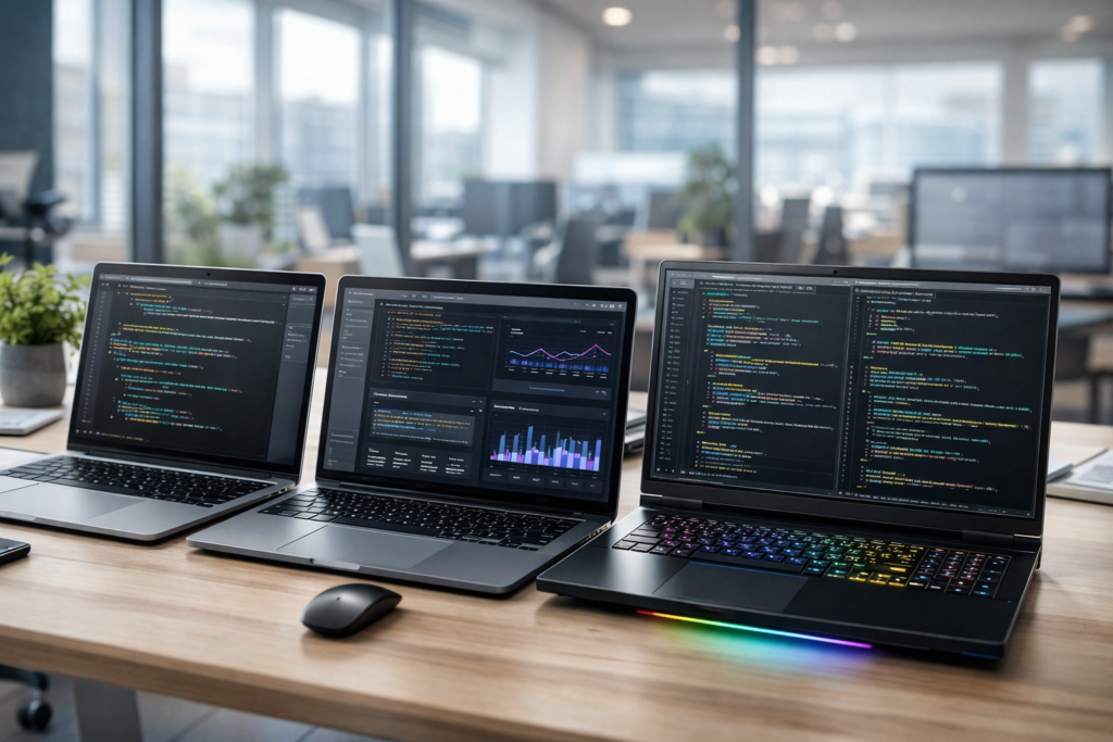 Comparison of high-performance laptops for software development with coding environments displayed on screens
