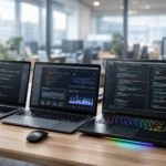 Comparison of high-performance laptops for software development with coding environments displayed on screens